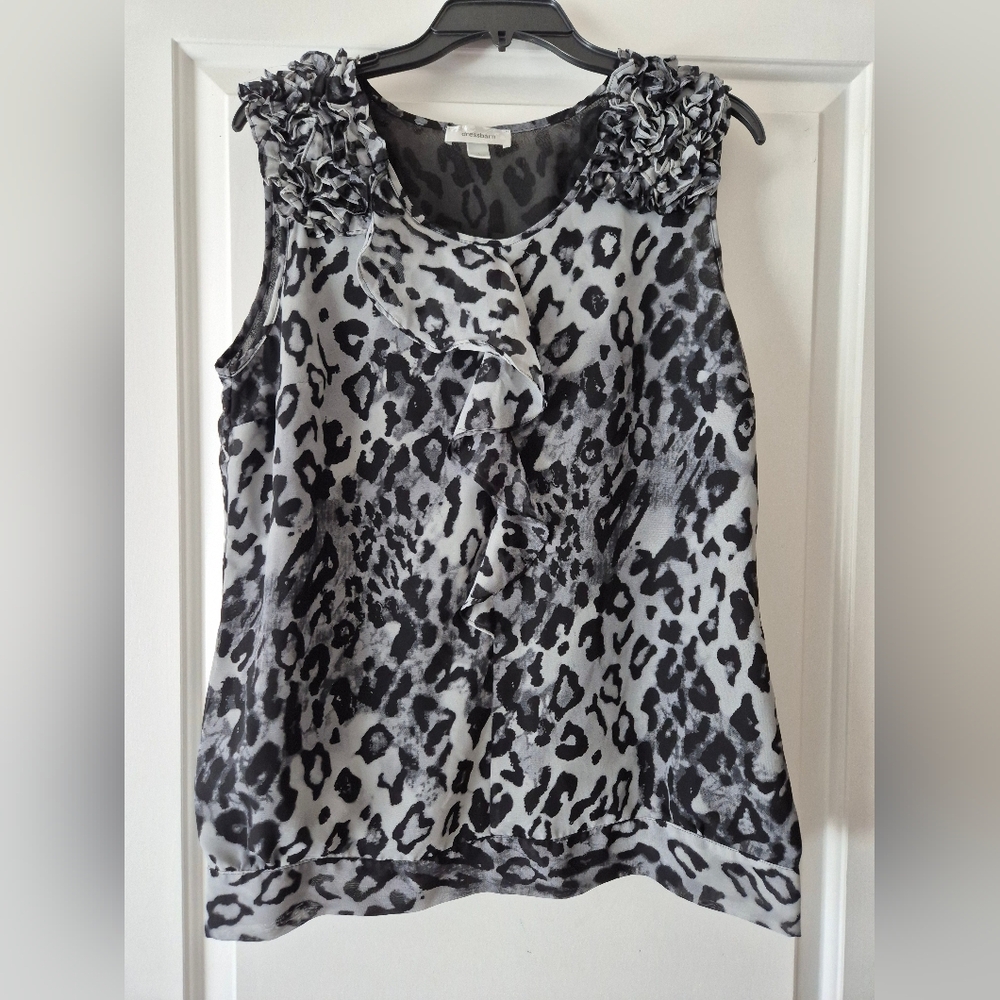 Dress Barn sleeveless leopard print blouse black, white, grey tones Size L